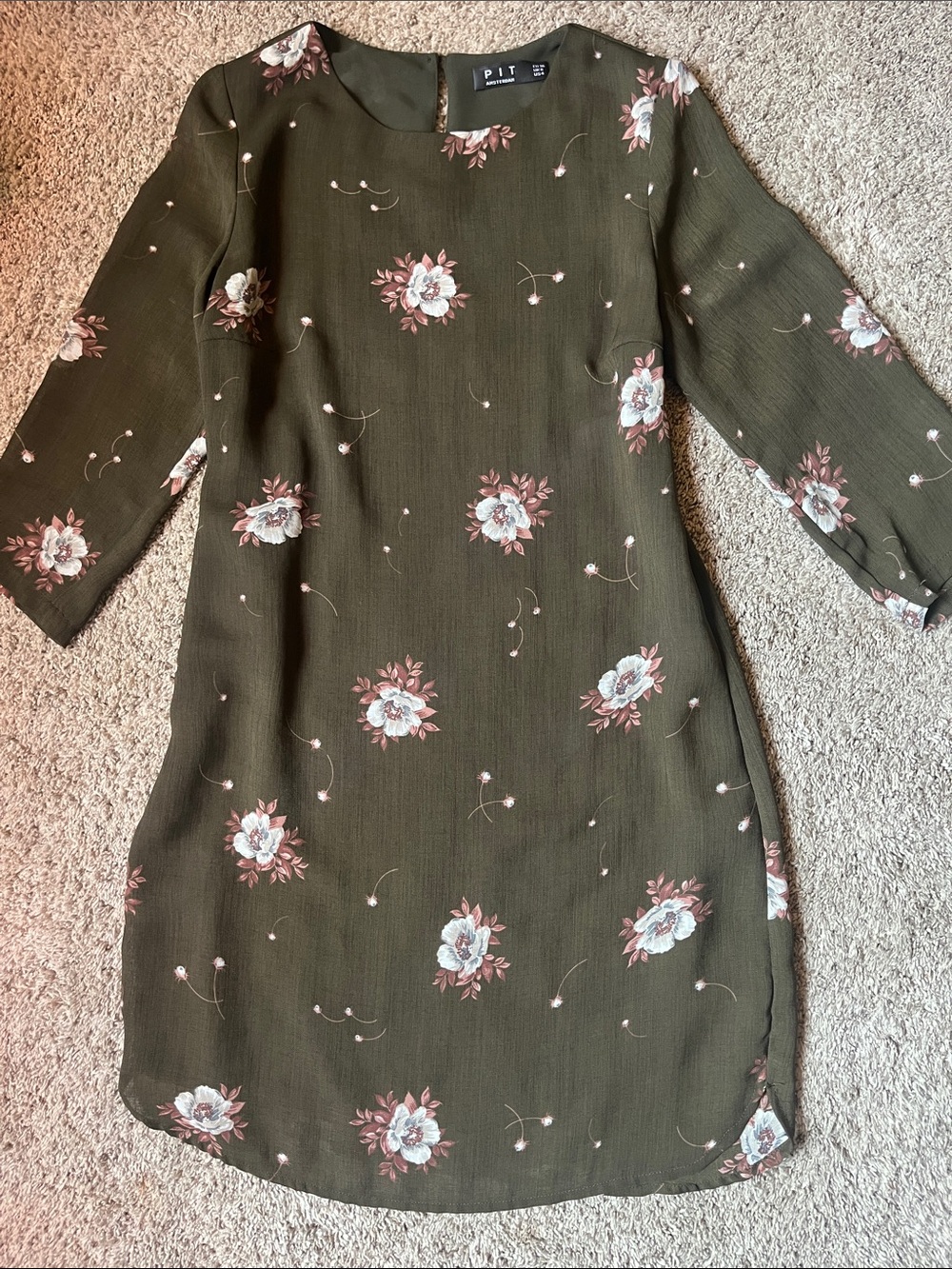 Olive Floral Long-Sleeve Shift Dress
